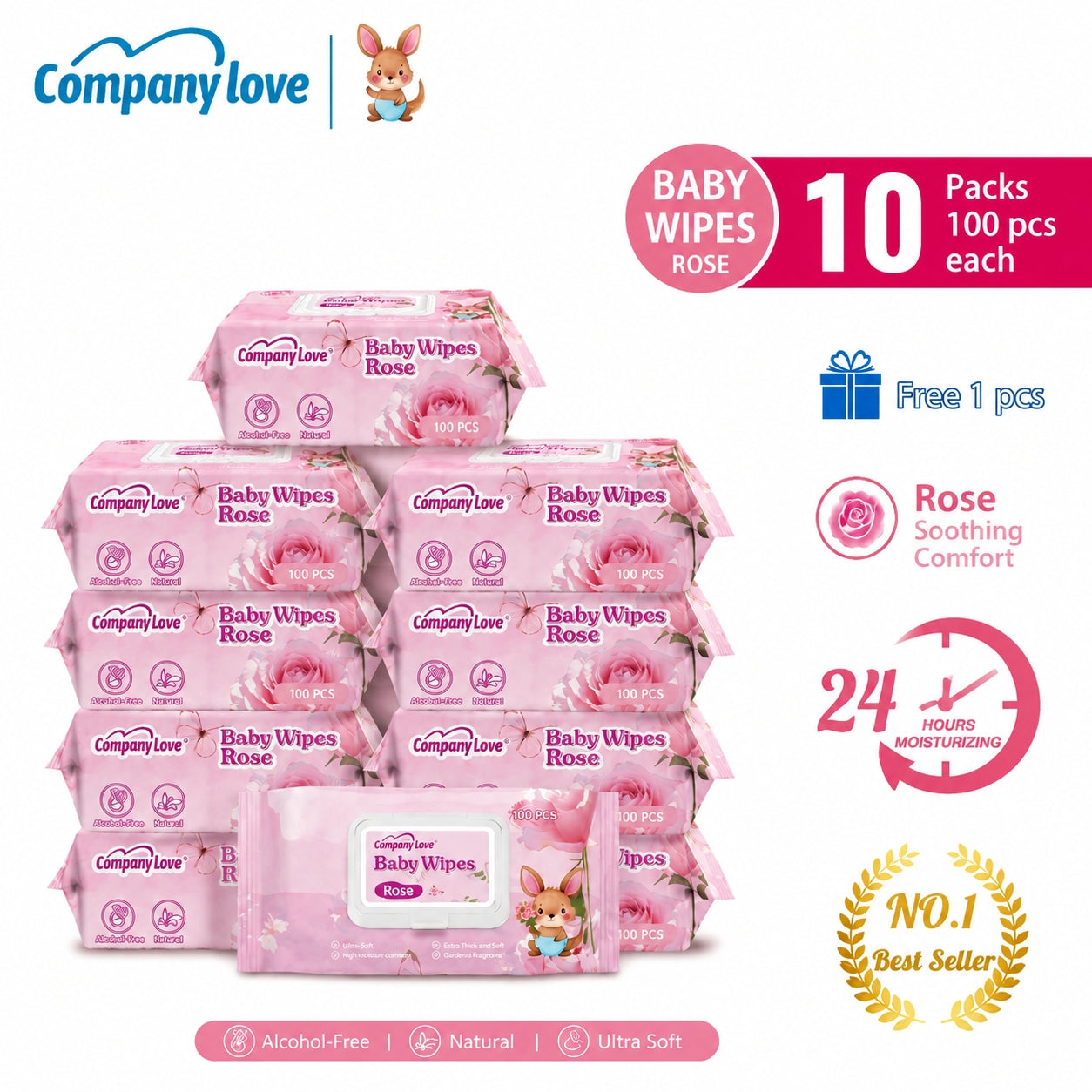 Company Love Baby Wipes ทิชชู่เปียกเด็ก สูตรอ่อนโยน กลิ่นดอกกุหลาบ 100 แผ่น