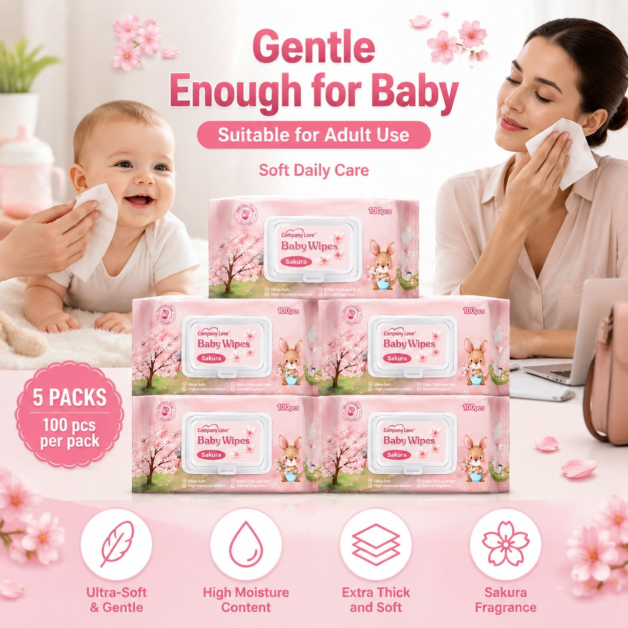 Company Love Baby Wipes ทิชชู่เปียก ห่อใหญ่ 100 แผ่น สูตรอ่อนโยน ผ้าเช็ดทำความสะอาดสำหรับเด็ก สูตรอ่อนโยน ทิชชู่เปียก เด็กผู้ชาย เด็กหญิง เด็กแรกเกิด กลิ่นดอกซากุระ
