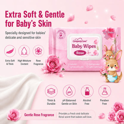 Company Love Baby Wipes ทิชชู่เปียกเด็ก สูตรอ่อนโยน กลิ่นดอกกุหลาบ 100 แผ่น