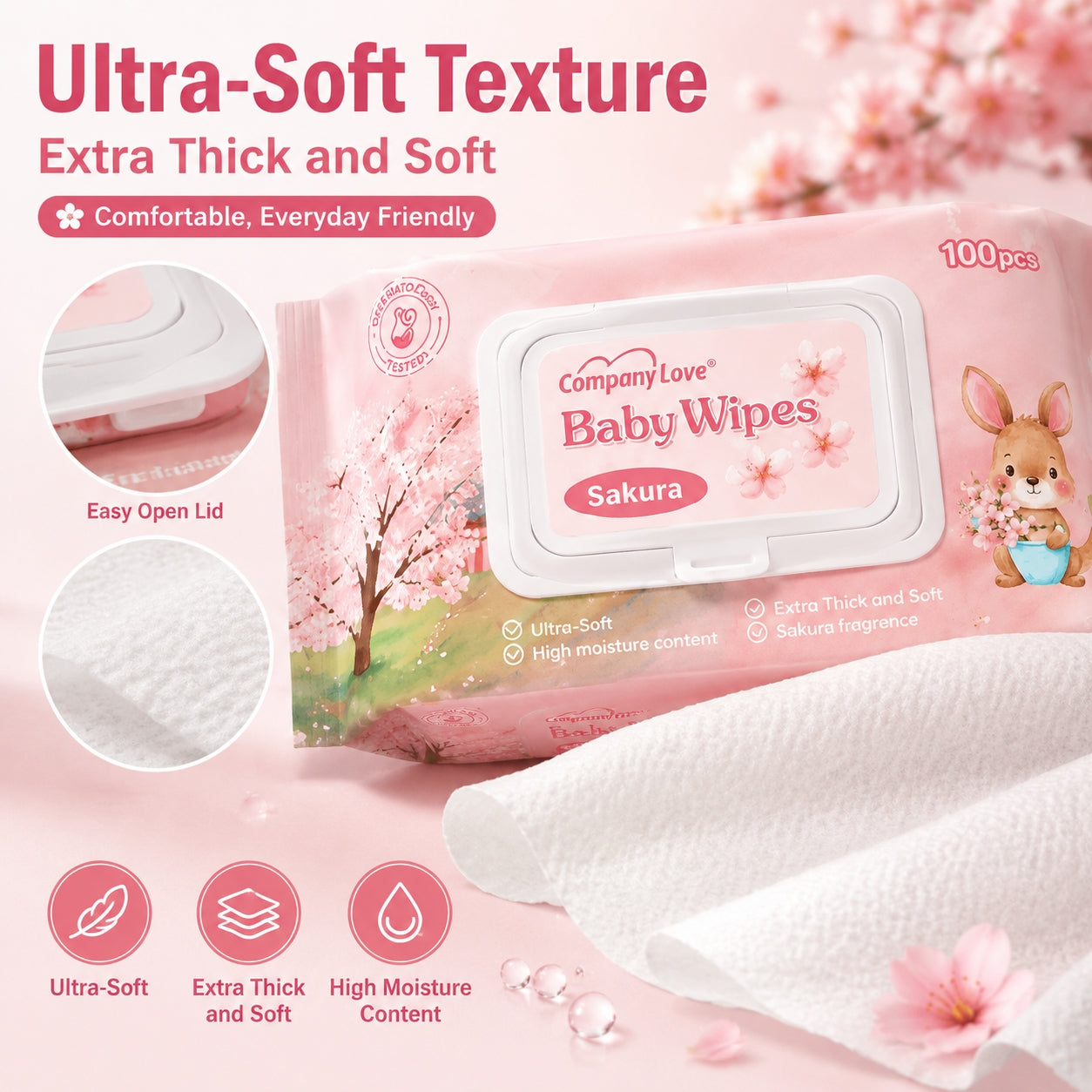 Company Love Baby Wipes ทิชชู่เปียก ห่อใหญ่ 1000 แผ่น สูตรอ่อนโยน ผ้าเช็ดทำความสะอาดสำหรับเด็ก สูตรอ่อนโยน ทิชชู่เปียก เด็กผู้ชาย เด็กหญิง เด็กแรกเกิด กลิ่นดอกซากุระ