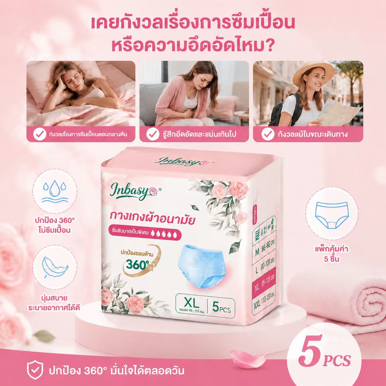 [สินค้าใหม่] INBASY กางเกงอนามัย 5 ชิ้น/ถุง ไซส์ M-XXXL ผิวแพ้ง่าย ใส่สบาย ระบายอากาศดี สูตรเย็น ป้องกันการรั่วซึม ใช้กลางวัน-กลางคืน เหมาะวันมามาก