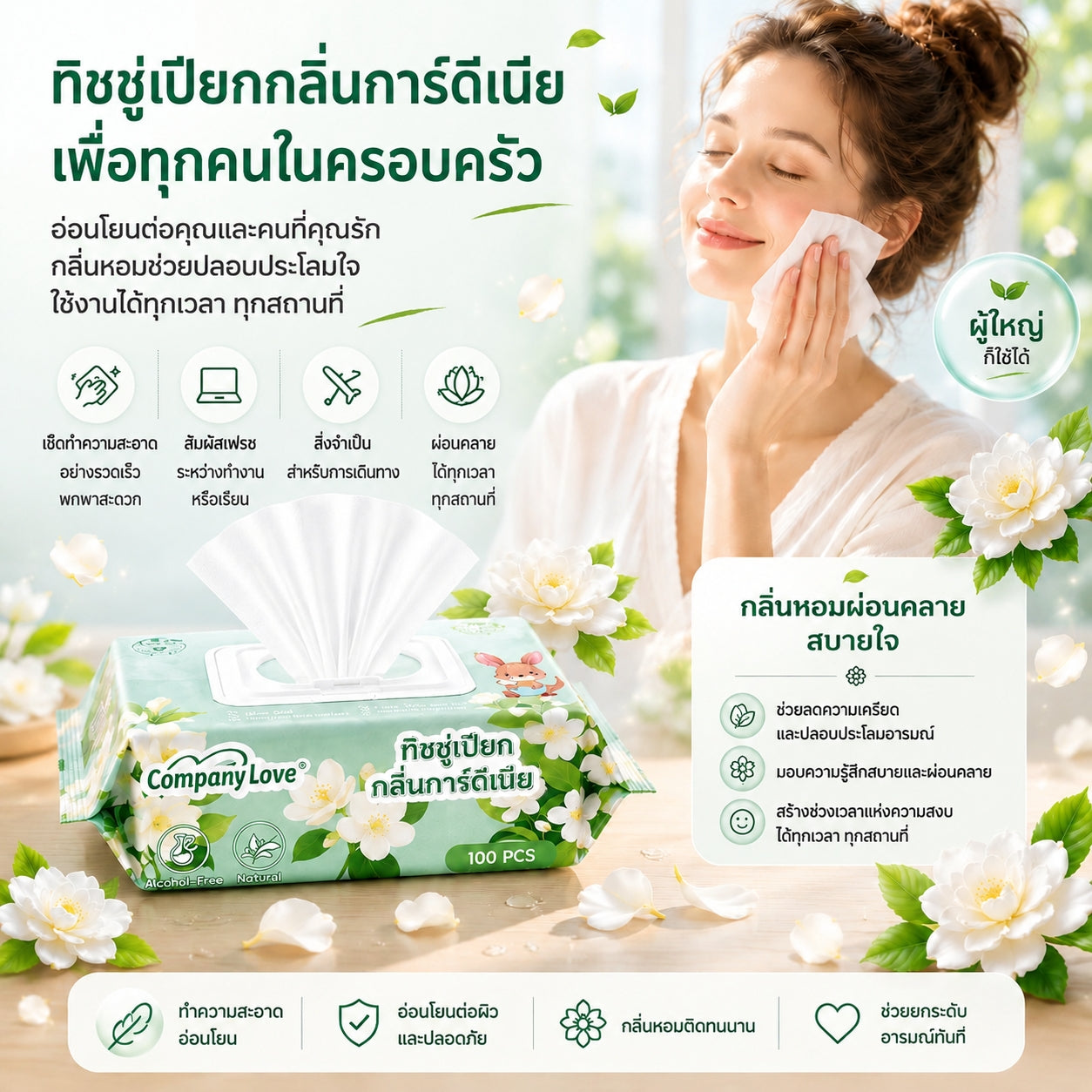 Company Love Baby Wipes ทิชชู่เปียก ห่อใหญ่ 100 แผ่น สูตรอ่อนโยน ผ้าเช็ดทำความสะอาดสำหรับเด็ก สูตรอ่อนโยน ทิชชู่เปียก เด็กผู้ชาย เด็กหญิง เด็กแรกเกิด Gardenia wipes