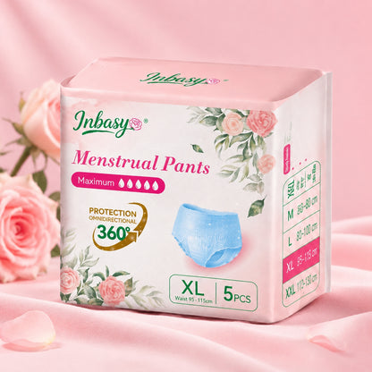 [สินค้าใหม่] INBASY กางเกงอนามัย 5 ชิ้น/ถุง ไซส์ M-XXXL ผิวแพ้ง่าย ใส่สบาย ระบายอากาศดี สูตรเย็น ป้องกันการรั่วซึม ใช้กลางวัน-กลางคืน เหมาะวันมามาก