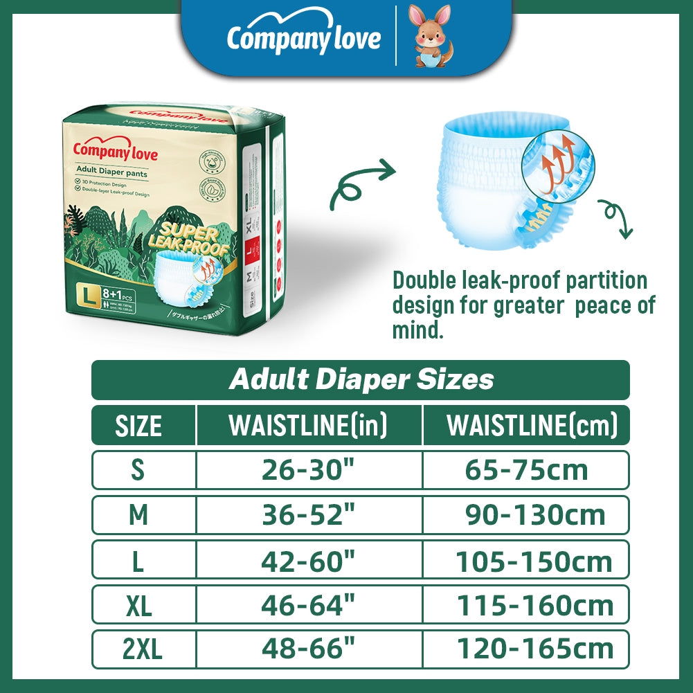 【ฟรี 1 ชิ้น】Company Love ผ้าอ้อมผู้ใหญ่ แบบกางเกง นุ่มสบาย ซึมซับมากถึง 1200 ซีซี ไซส์ S/M/L/XL/XXL(1แพ็ค/9ชิ้น) ใช้ได้ทั้งเพศชายและเพศหญิง
